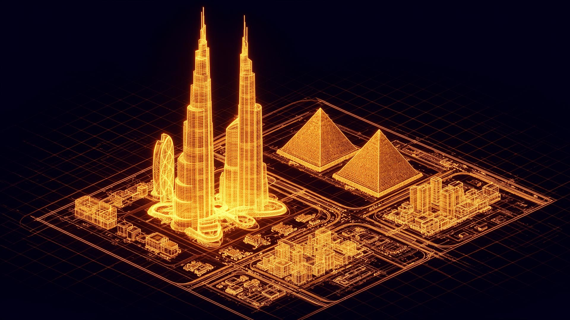 Isometric wireframe view of global engineering landmarks